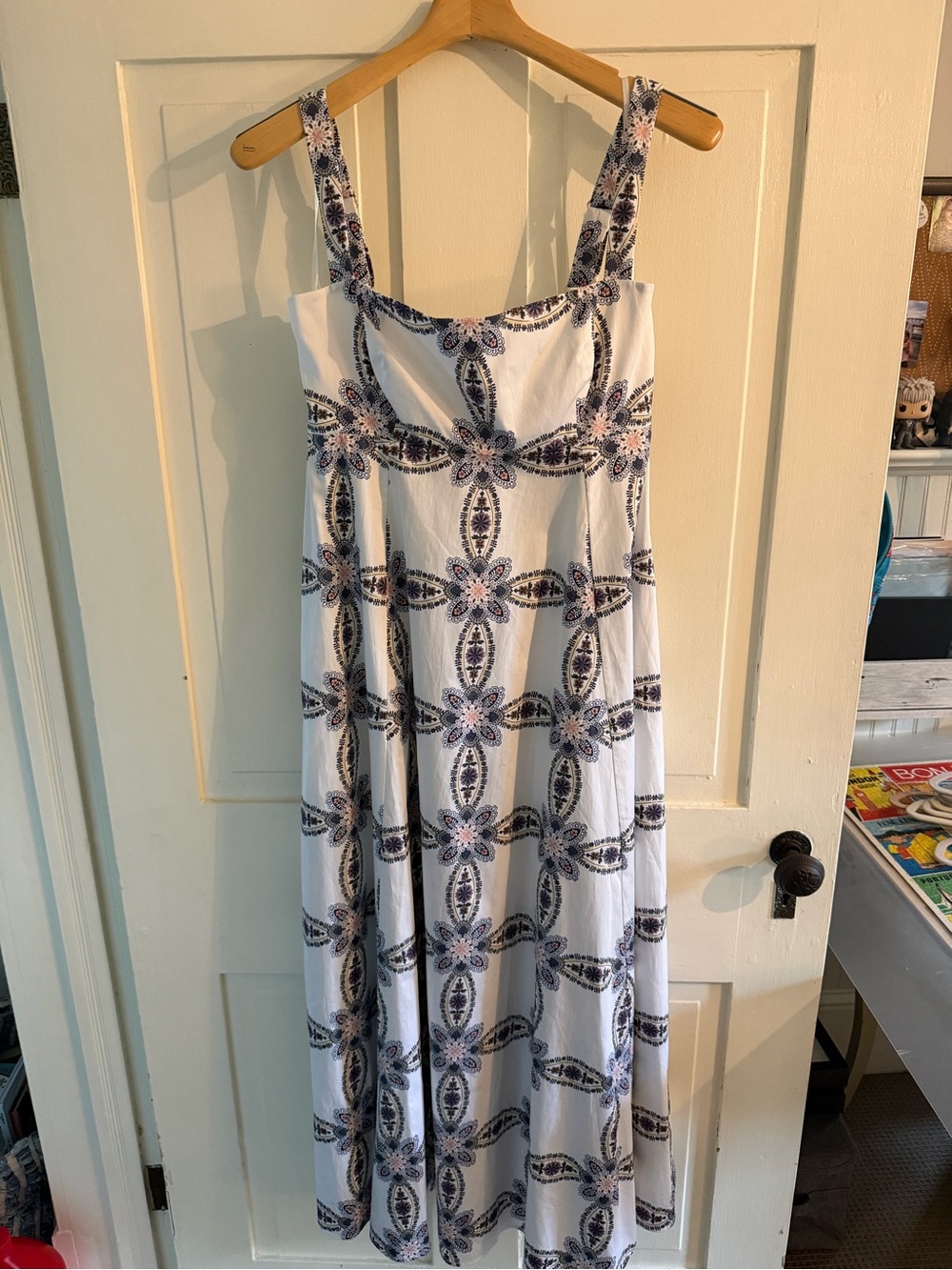 Hill House White Maxi Dress with Navy & Pink Floral Medallions